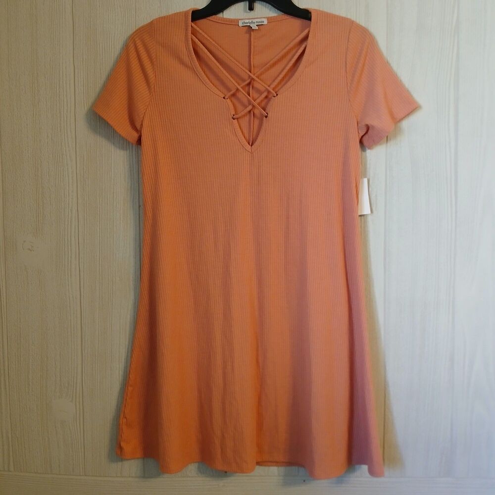 Charlotte Russe Women's Size M Peach Strappy Neckline Short Sleeve Mini Dress